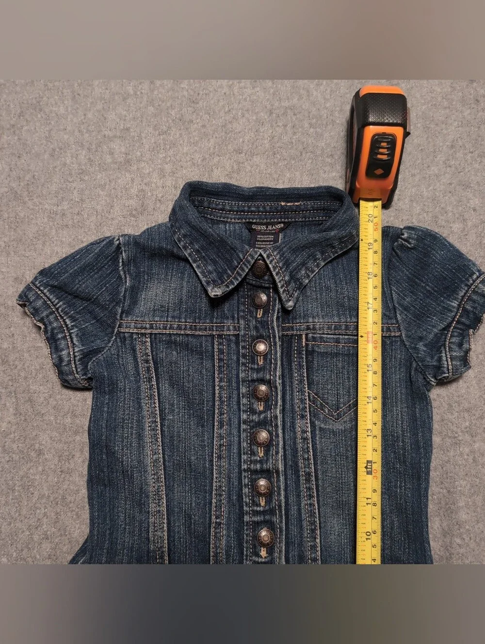 VTG Y2K GUESS Denim Button Down Short Sleeve Dress Size Medium 5/6 Rhinestone